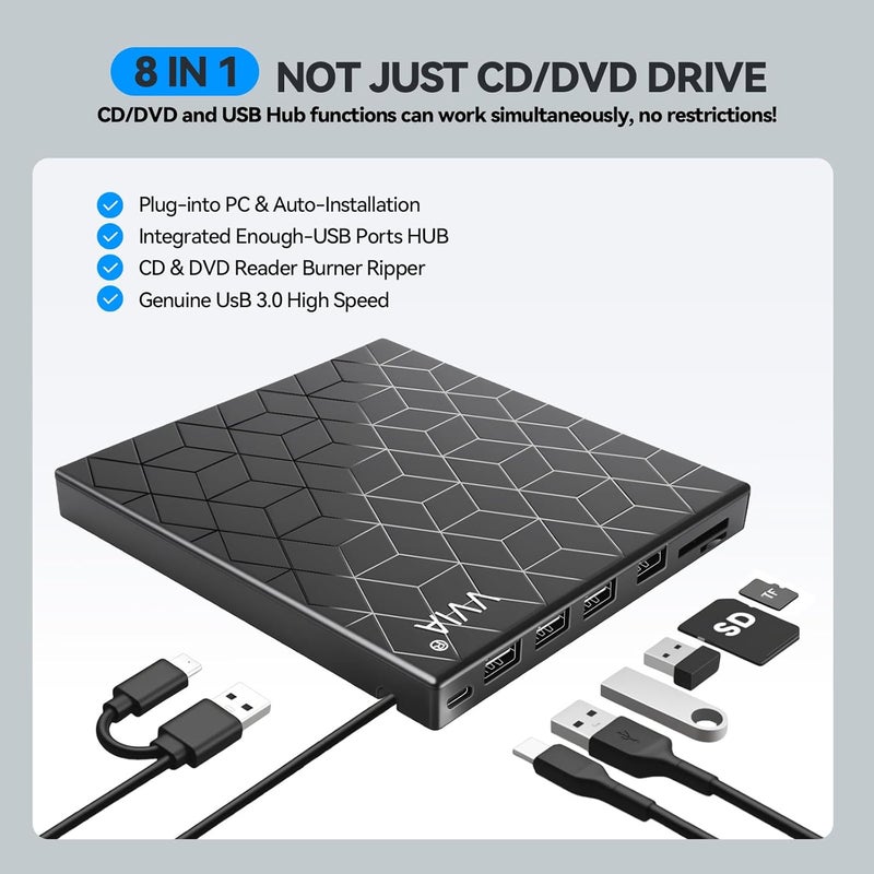 VVA External CD DVD Drive, Ultra Slim CD Burner USB 3.0 with 4 USB Ports and 2 TF/SD Card Slots, Optical Disk Drive for Laptop Mac, PC Windows 11/10/8/7 Linux OS MacBook Pro/Air Desktop PC Player - Image 2